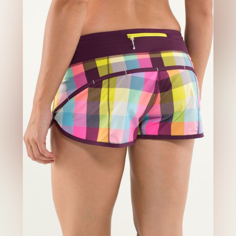 Vintage Lululemon Speed Shorts in Color ‘Sea Check Multi / Plum’, Size 10